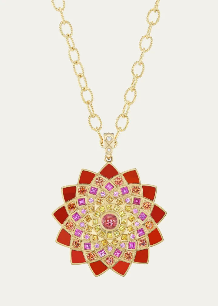 Gold Temple Inlay Mandala Pendant with Diamonds and Gemstones