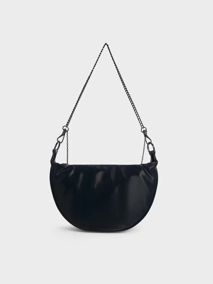 Philomena Shiny Half-Moon Crossbody Bag - Jet Black