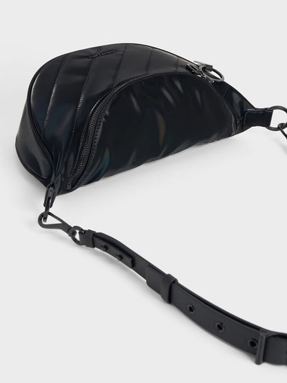 Philomena Shiny Half-Moon Crossbody Bag - Jet Black