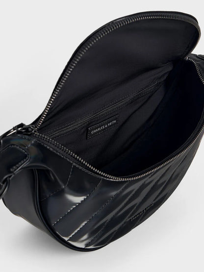 Philomena Shiny Half-Moon Crossbody Bag - Jet Black