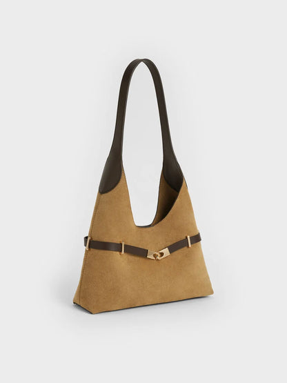 Arlet Recycled Suede Metallic-Accent Belted Hobo Bag - Sahara Sand