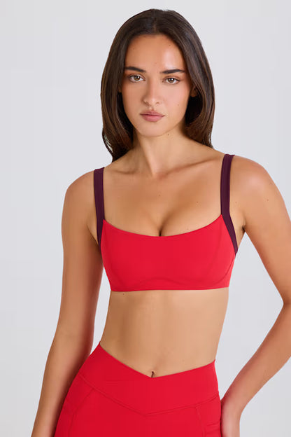 Soft Active Contrast-Trim Sports Bra in Strawberry Red