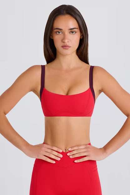 Soft Active Contrast-Trim Sports Bra in Strawberry Red