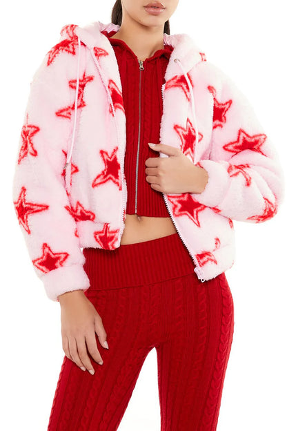 Faux Shearling Star Print Hoodie