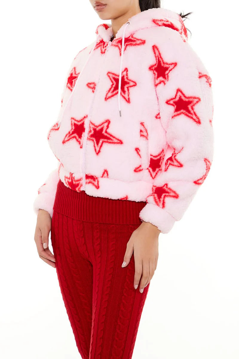 Faux Shearling Star Print Hoodie