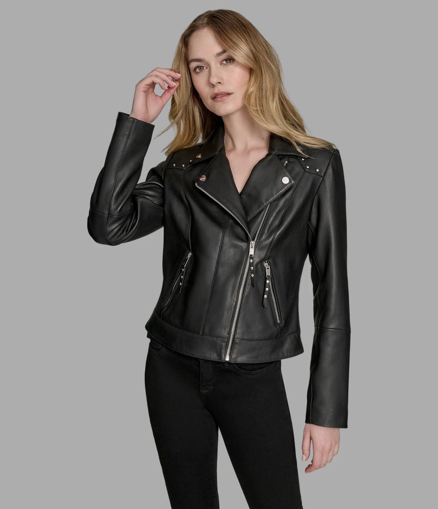 Addie Studded Asymmetric Moto Leather Jacket