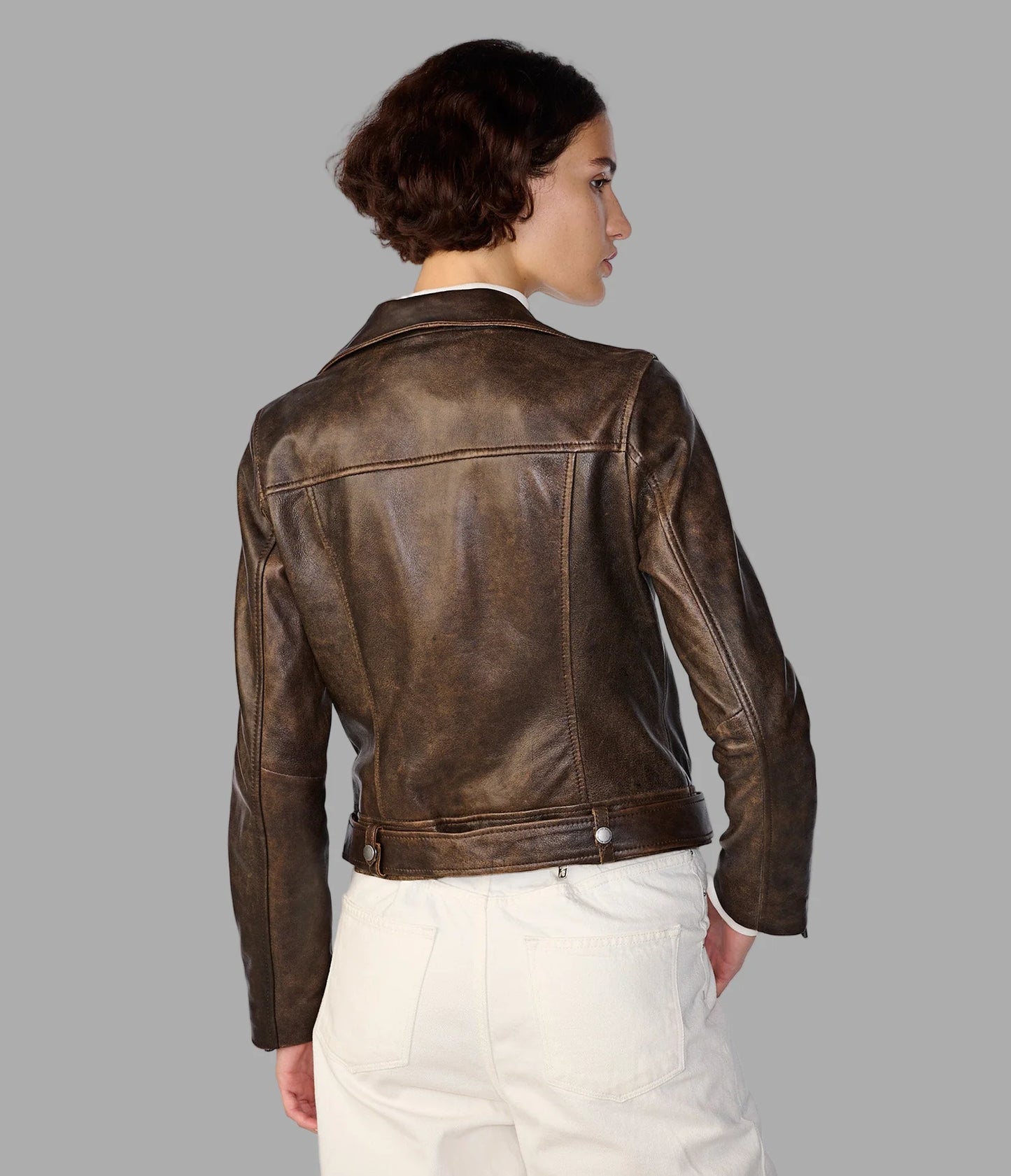 Bryn Distressed Brown Moto Jacket