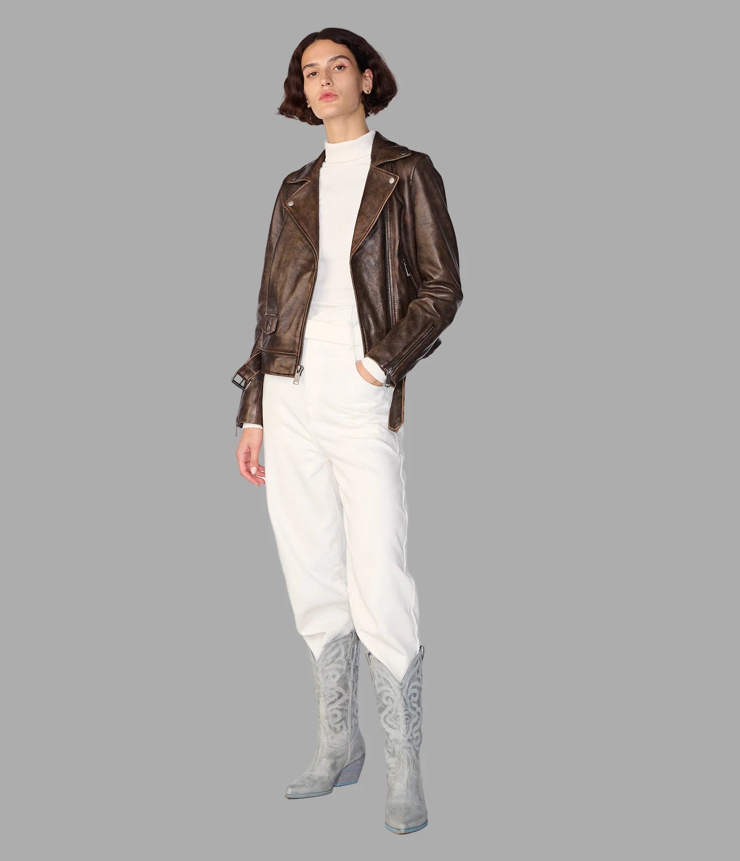 Bryn Distressed Brown Moto Jacket