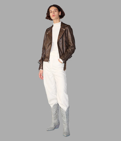 Bryn Distressed Brown Moto Jacket