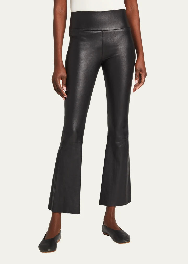 High-Waist Flare-Leg Cropped Leather Leggings