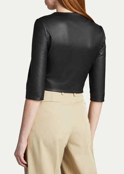 Stretch Leather Zip-Front Cardigan