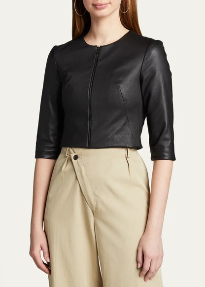 Stretch Leather Zip-Front Cardigan