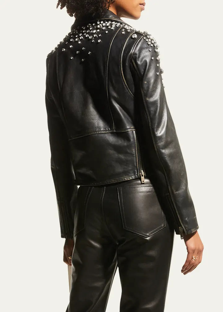 Golden Distressed Leather Jacket with Crystals