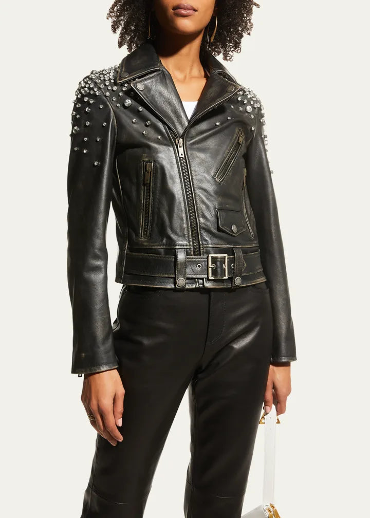 Golden Distressed Leather Jacket with Crystals