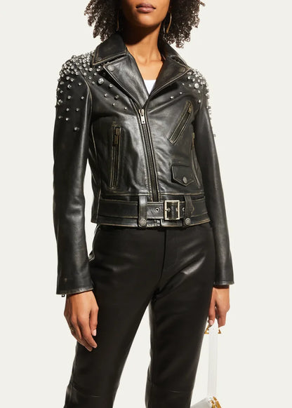 Golden Distressed Leather Jacket with Crystals