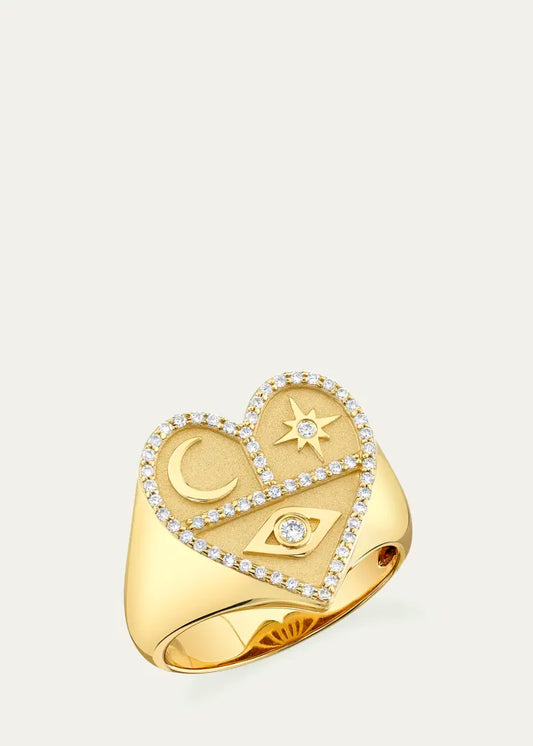 Yellow Gold Heart Icons Signet Ring with Diamonds