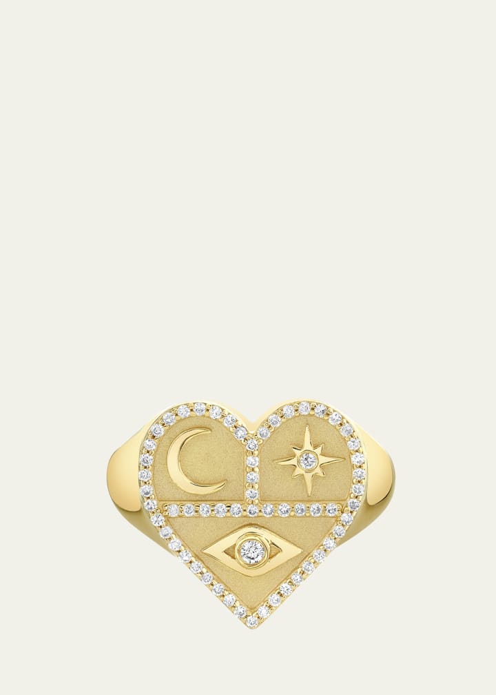 Yellow Gold Heart Icons Signet Ring with Diamonds
