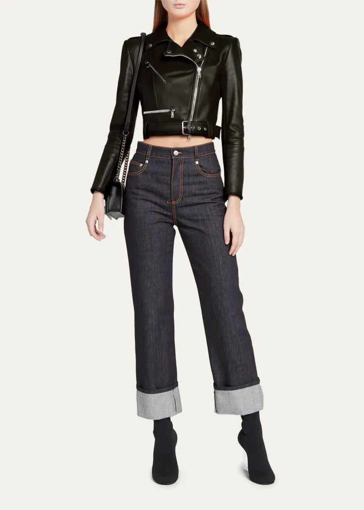 Cropped Leather Biker Jacket