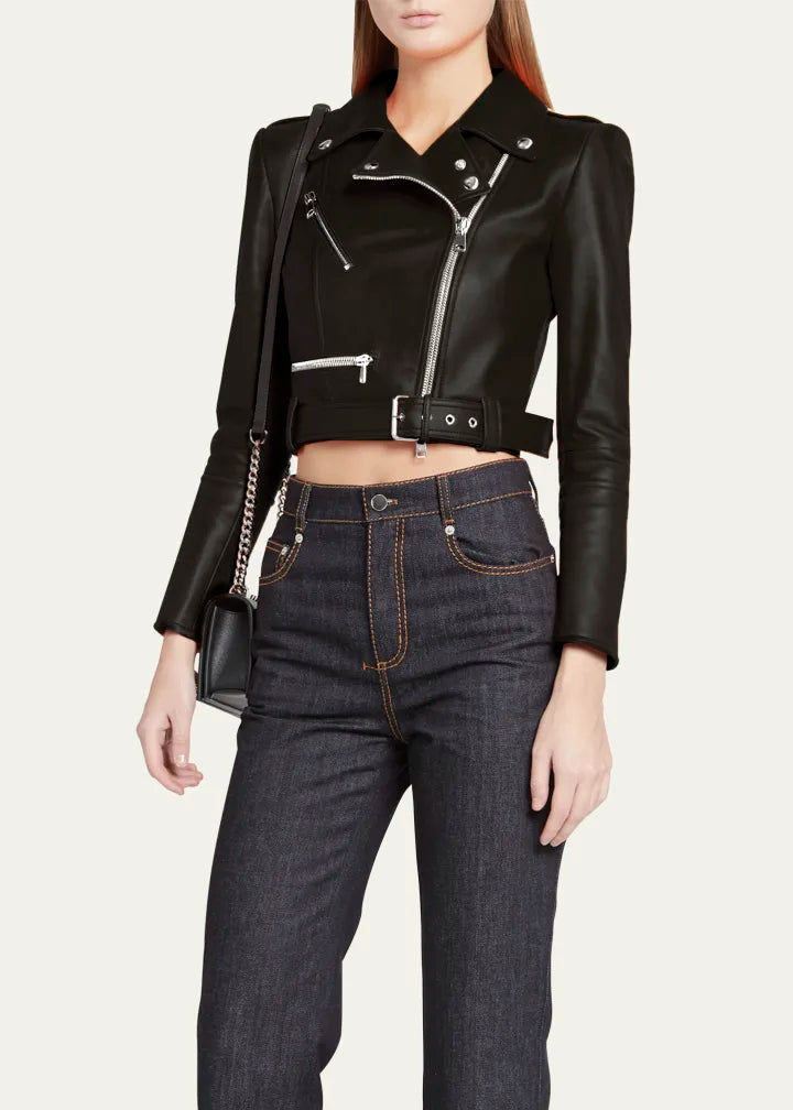 Cropped Leather Biker Jacket