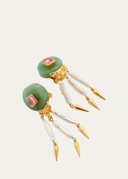 Madre Pearl, Aventurine and Rose Crystal Clip Earrings