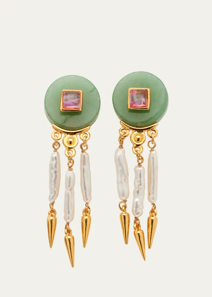 Madre Pearl, Aventurine and Rose Crystal Clip Earrings