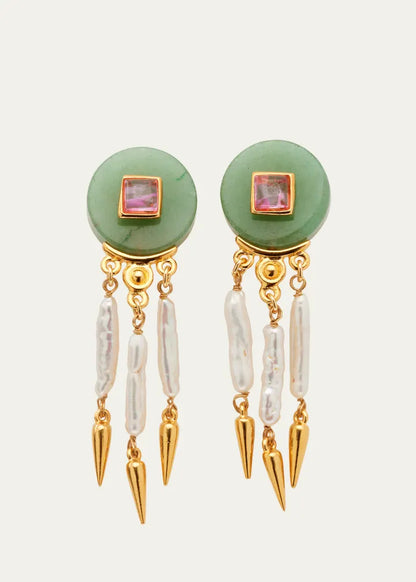 Madre Pearl, Aventurine and Rose Crystal Clip Earrings