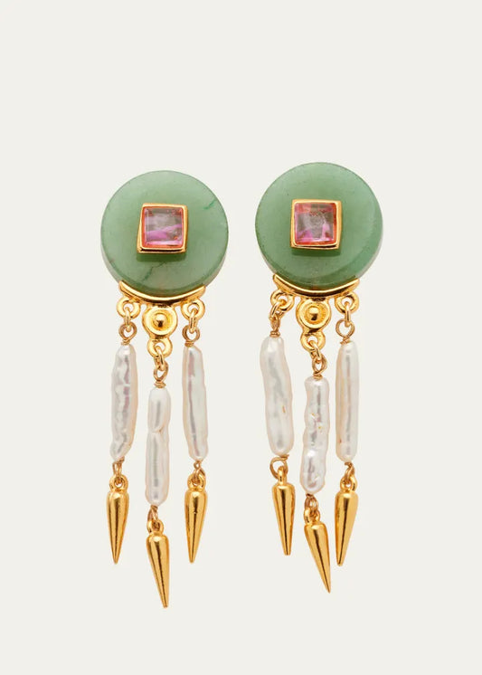 Madre Pearl, Aventurine and Rose Crystal Clip Earrings