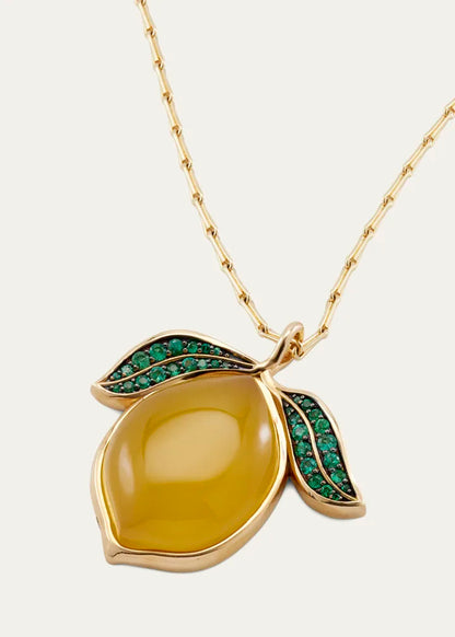Yellow Opal and Green Emerald Lemon Pendant Necklace