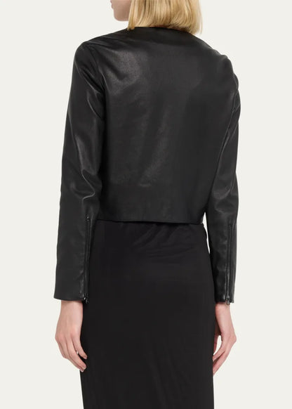 Stretch Leather Long-Sleeve Cardigan Jacket