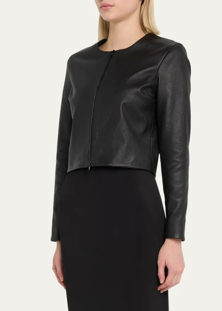 Stretch Leather Long-Sleeve Cardigan Jacket