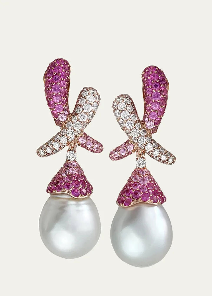 Pearl Kiss Earrings with Pink Sapphires and Diamonds