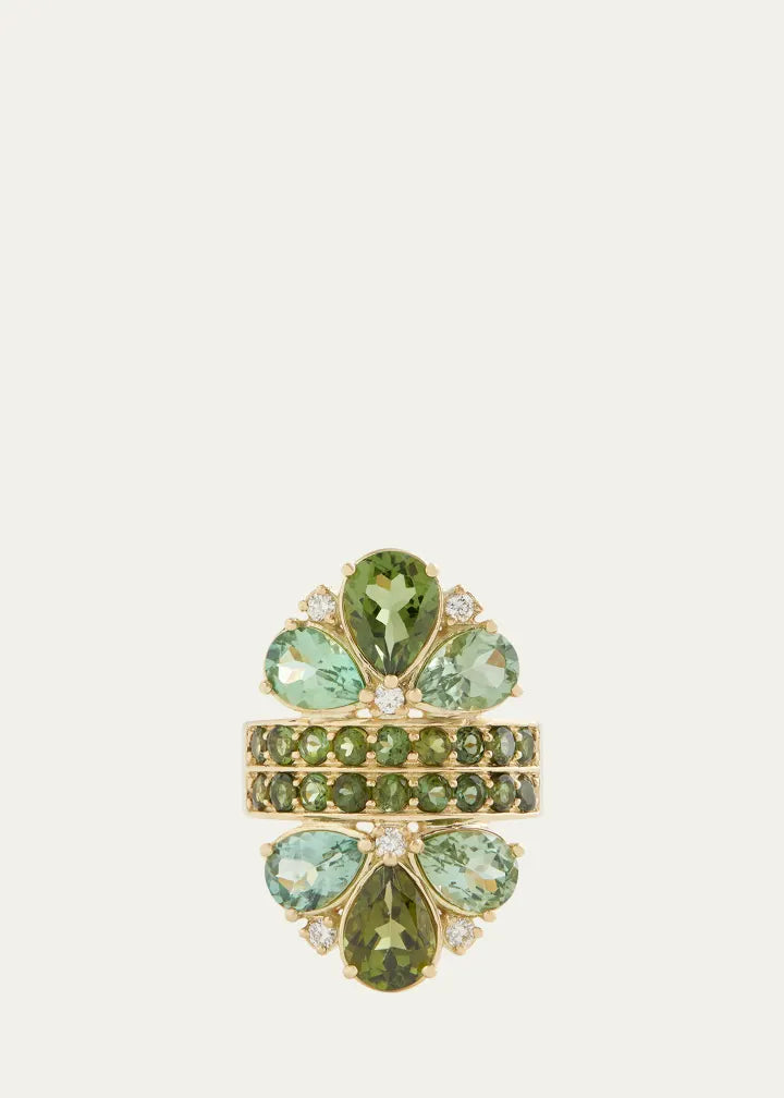 Pear Shape Green Tourmaline and Diamond Mirrored Ring