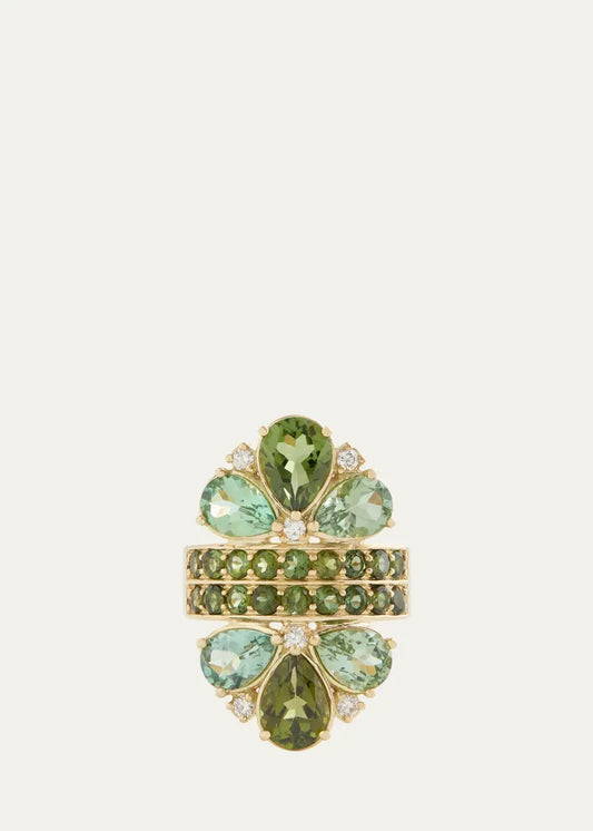 Pear Shape Green Tourmaline and Diamond Mirrored Ring