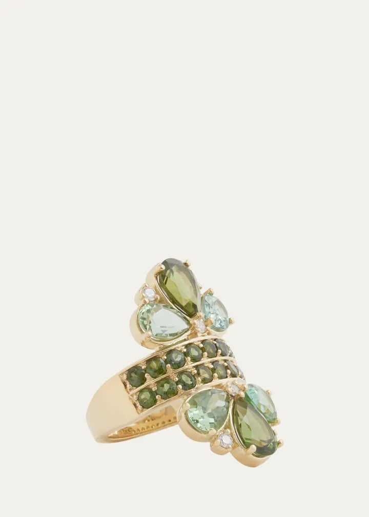 Pear Shape Green Tourmaline and Diamond Mirrored Ring