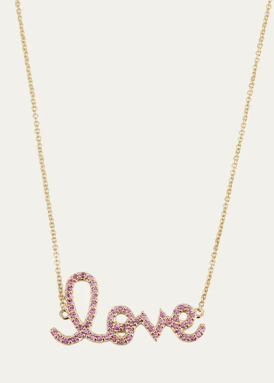 Medium Love Script Pink Sapphire Necklace
