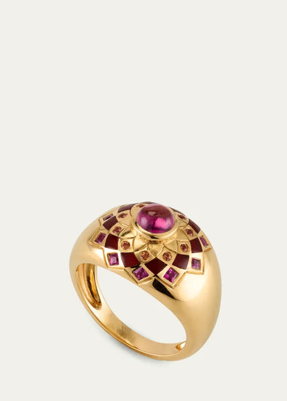 Temple Mandala Dome Ring with Carnelian, Sapphires and Pink Tourmaline