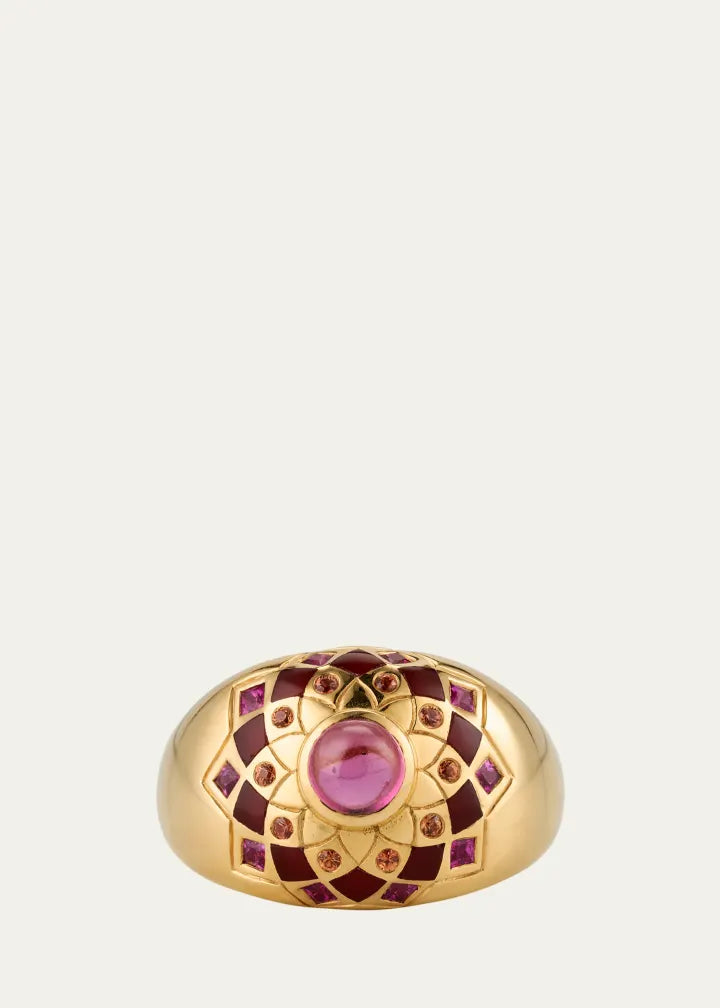 Temple Mandala Dome Ring with Carnelian, Sapphires and Pink Tourmaline