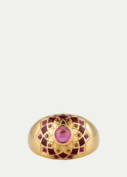 Temple Mandala Dome Ring with Carnelian, Sapphires and Pink Tourmaline