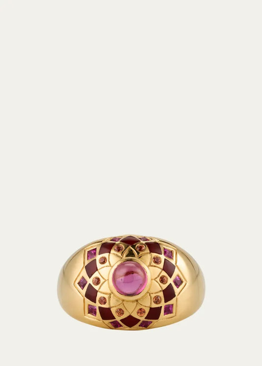 Temple Mandala Dome Ring with Carnelian, Sapphires and Pink Tourmaline
