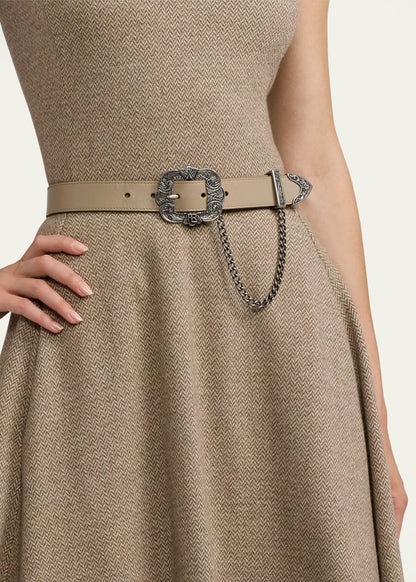 Tooled-Buckle Chain-Trim Calfskin Belt