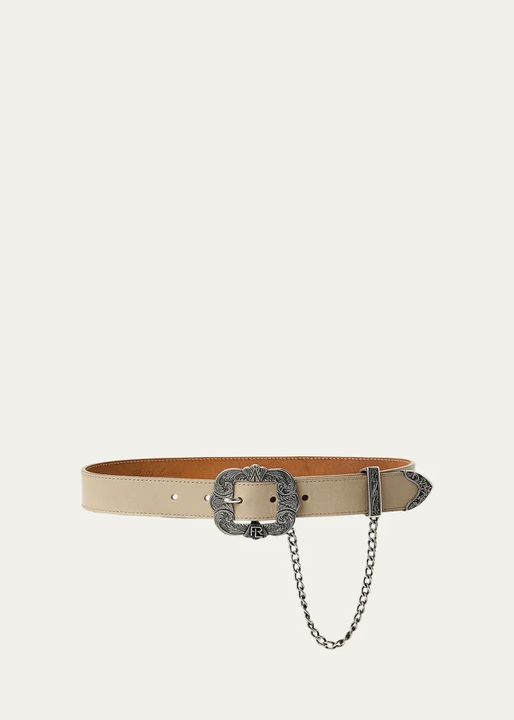 Tooled-Buckle Chain-Trim Calfskin Belt