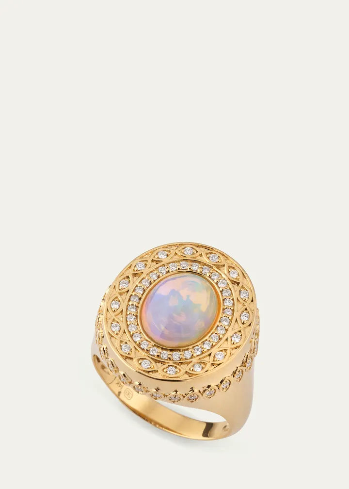 Yellow Gold Marquise Eye Opal Cabochon Signet Ring with Diamonds