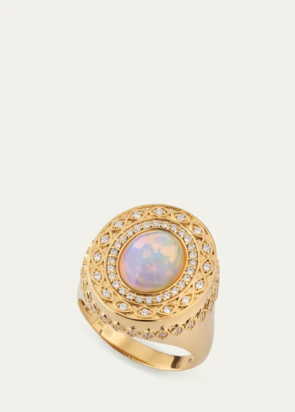 Yellow Gold Marquise Eye Opal Cabochon Signet Ring with Diamonds