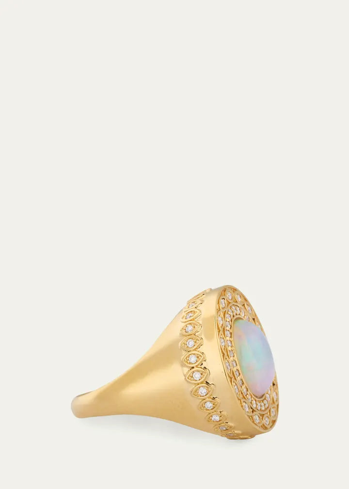 Yellow Gold Marquise Eye Opal Cabochon Signet Ring with Diamonds