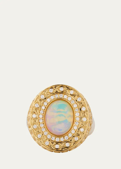 Yellow Gold Marquise Eye Opal Cabochon Signet Ring with Diamonds