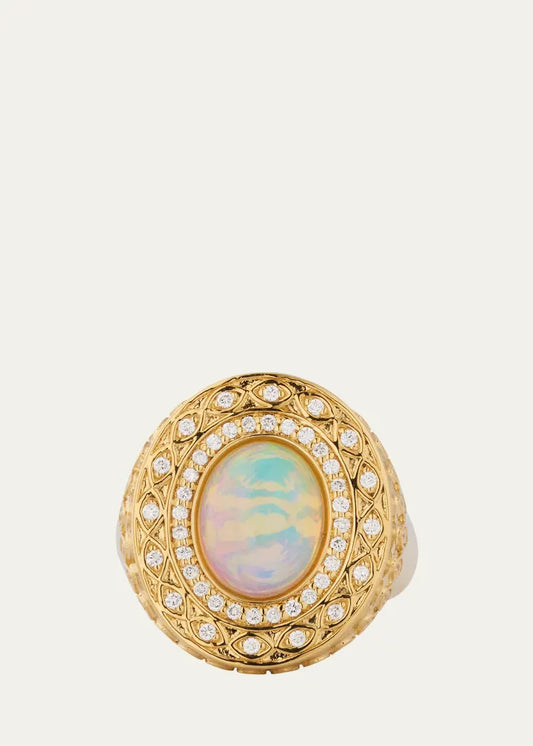 Yellow Gold Marquise Eye Opal Cabochon Signet Ring with Diamonds