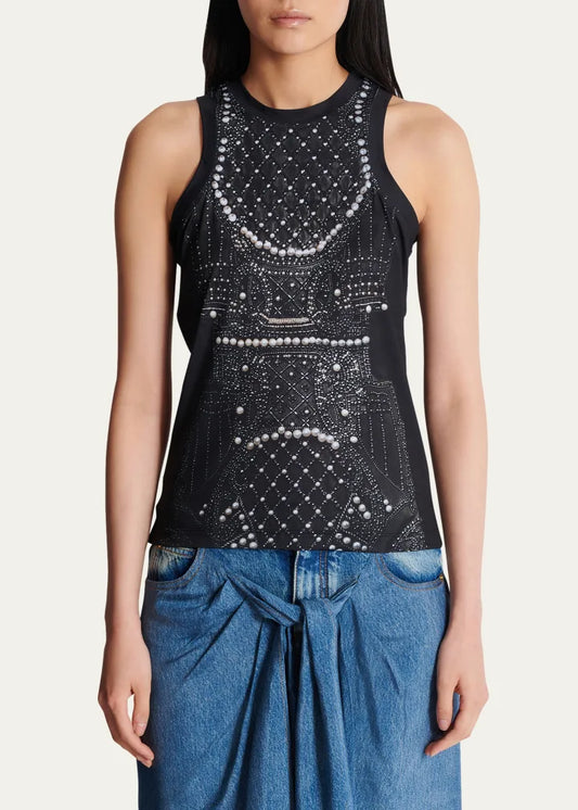Pearl Crystal Trompe Loeil Tank Top