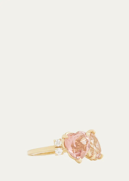 Yellow Gold Pink Tourmaline Heart and Morganite Pear Ring with Diamonds