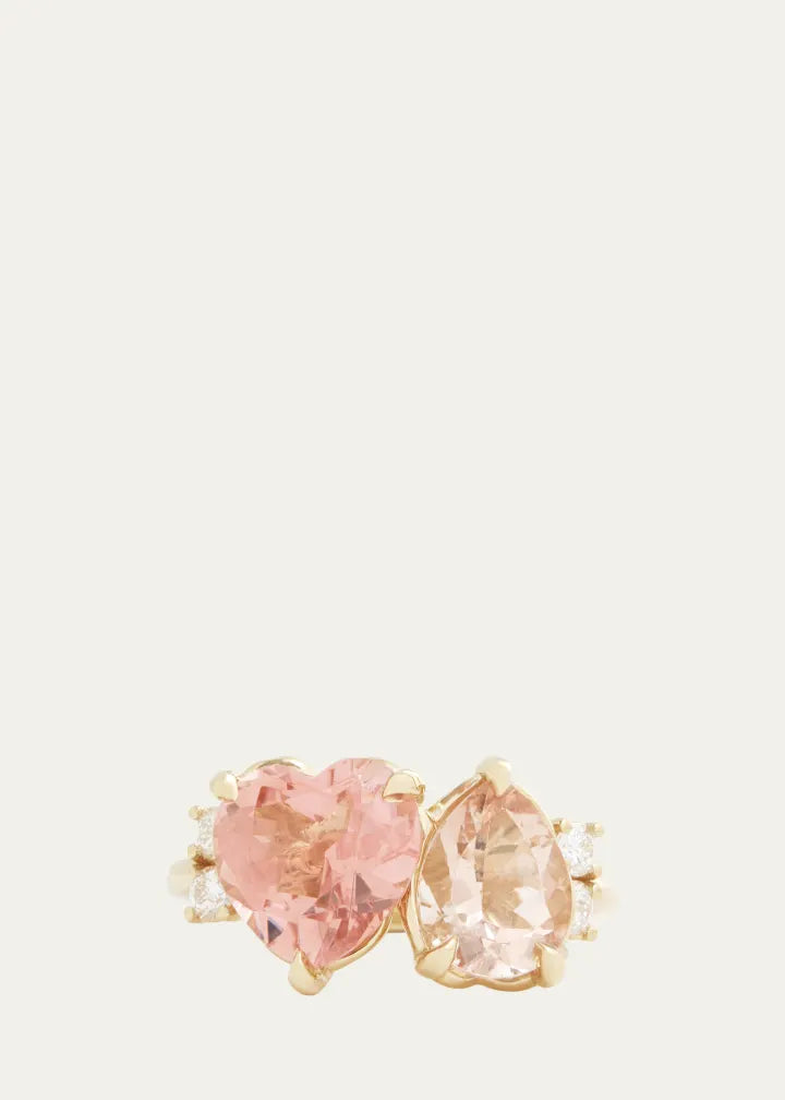 Yellow Gold Pink Tourmaline Heart and Morganite Pear Ring with Diamonds