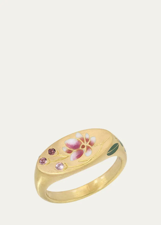 Magnolia Pink Enamel and Sapphire Signet Ring